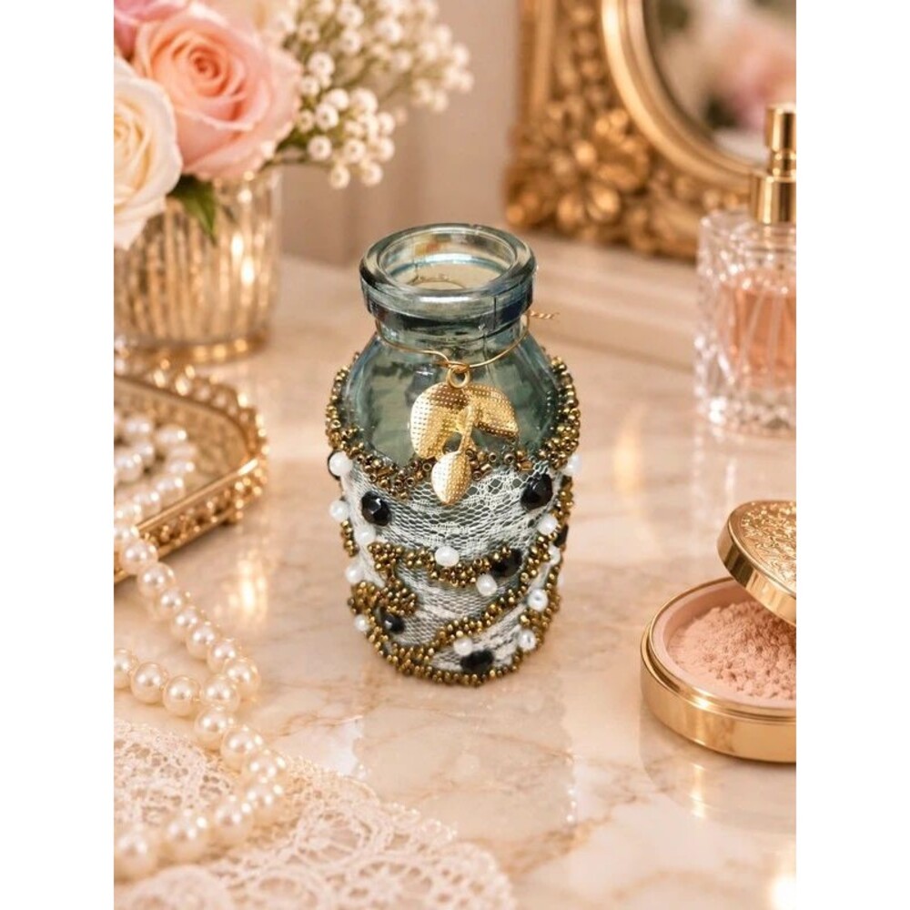 Hand Decorated Glass Bottle with Lace, Beads & Gold Charm – 4"